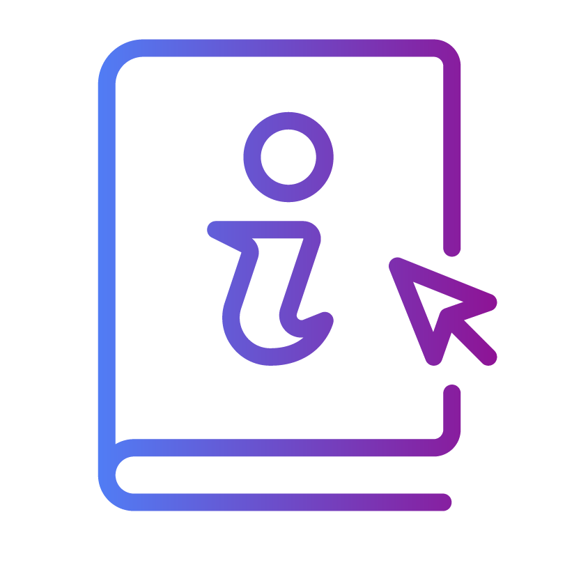 A purple and blue gradient icon featuring a question mark inside a scalloped border, resembling an apply totalassist badge or seal, on a light gray background.