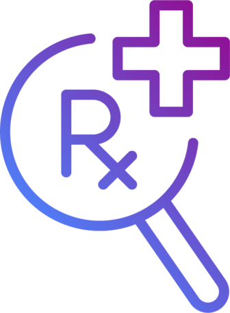 A purple and blue gradient icon shows a magnifying glass with the letters Rx inside and a medical cross above it, symbolizing prescription search or medical review.